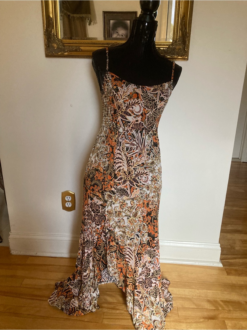 Free People Floral Maxi Slip Dress in Orange, Brown, Cream